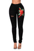 Sexy Red Rose Embroidery Distressed Black Skinny Jeans